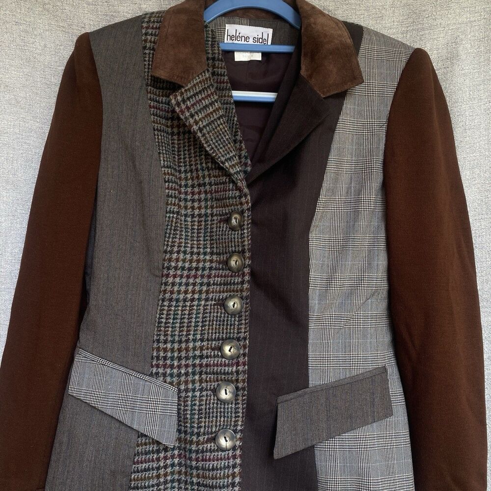 VTG Size 6 3-Pc Wool Suit Brown Suede Patchwork Herringbone Skirt Jacket Vest